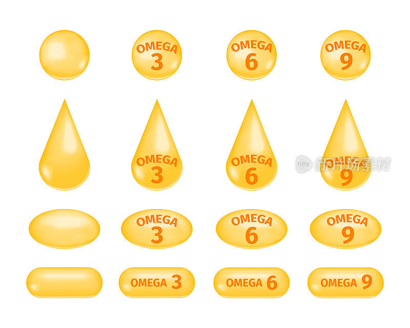 欧米加脂肪酸3 6 9。金色的鱼油滴和鱼丸。白色背景上的多不饱和脂肪图标。向量现实的例子